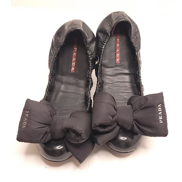 Prada Sport Black Patent Leather Nylon Bow Detail Scrunch Ballet Flat Size 36.5 - Picture 1 of 10